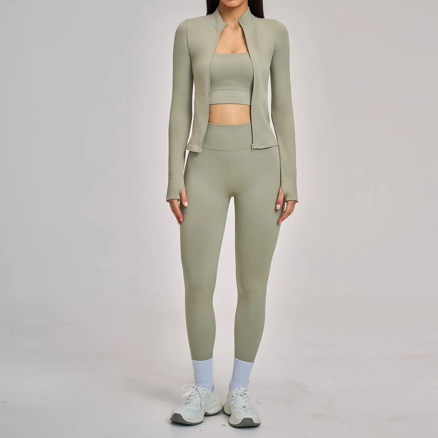 Seamless Yoga Set 3PCS Women Sportswear Workout Clothes Athletic Wear Gym Legging Fitness Bra Crop Top Long Sleeve Sports Suits
