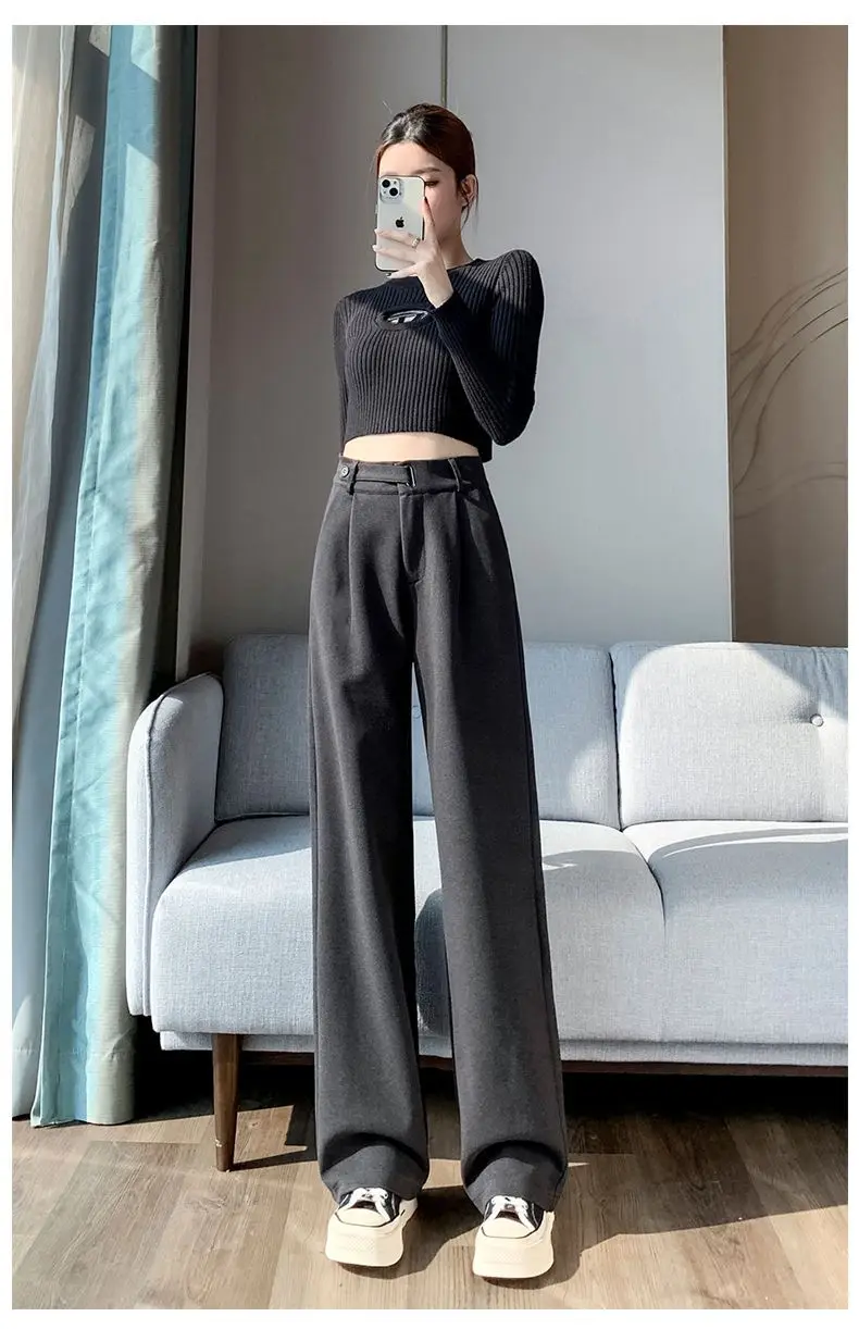 Brown Woolen High-end Suit Pants for Women in Autumn and Winter 2023 New Narrow Version Straight Wide-leg Pants with Drape