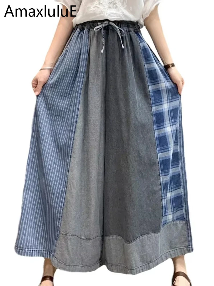Amax luluE Autumn Fashion Plus Size Denim Pants Women Plaid Classic Vintage Jeans Ladies Striped Leisure Loose Wide Leg Trousers