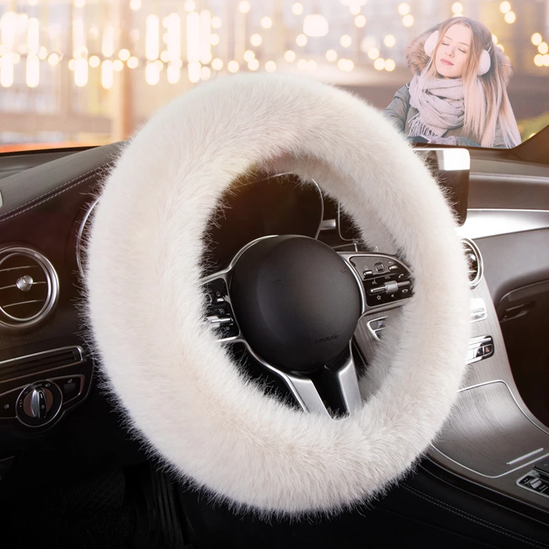 

Men Women Warm Plush Car Steering Wheel Cover Winter Universal 38cm Soft Fluffy Handbrake Shift Cover Auto Interior Accessories