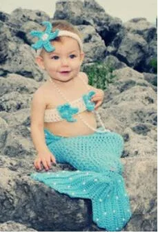 New Born Photography Props Baby Crochet Mermaid Animal Costume Set Newborn Photo Props Infant Knitted Pearl Cocoon Headbands