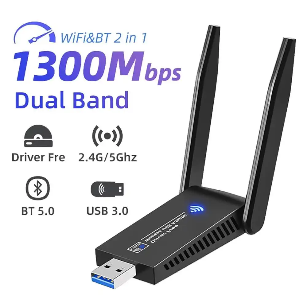 

1300Mbps USB WiFi Adapter Bluetooth 5.0 Dongle Wi-Fi Ethernet Network Card Dual Band 2.4G 5G USB3.0 WiFi Receiver For PC Laptop