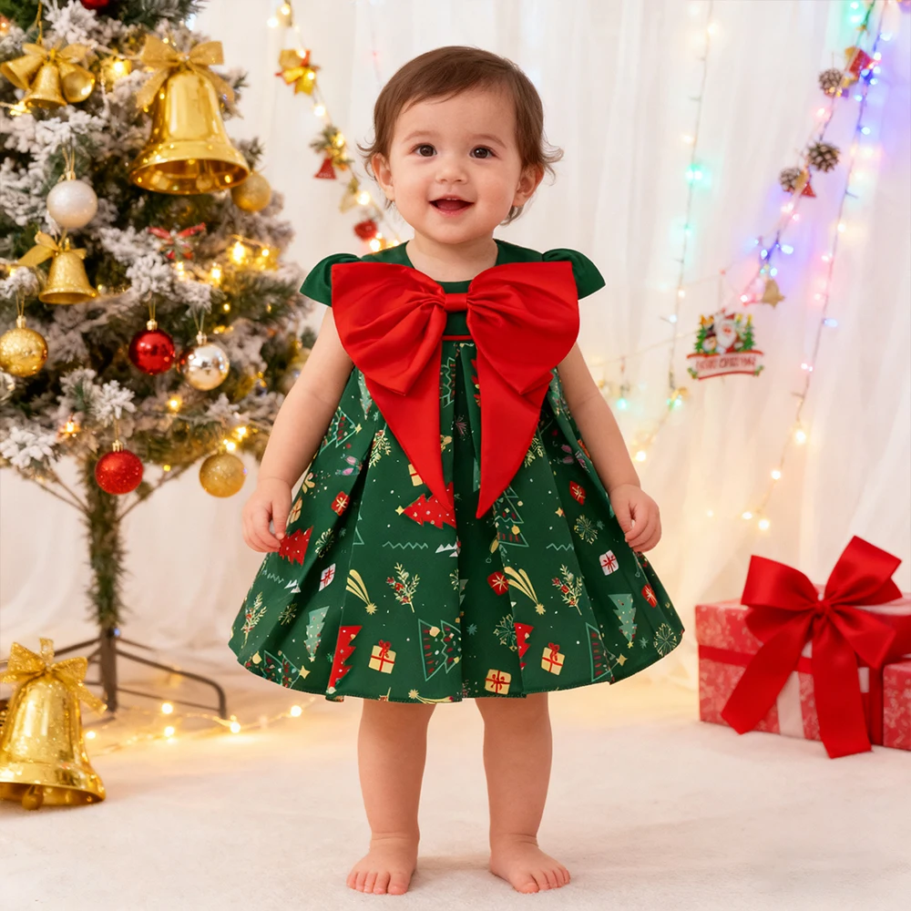 

Christmas Baby Girl Clothes Bowknot Girls Party Dresses Fashion Print Toddler Girl Princess Dress For 1st Birthday Dress 0-3Y