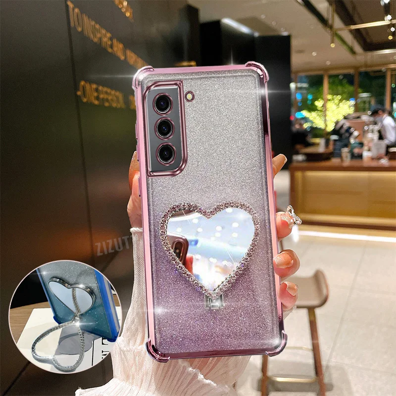Love Heart Makeup Mirror Glitter Luxury Ring Phone Holder Case On For Samsung Galaxy S21 5G Girl Woman Used Anti-knock