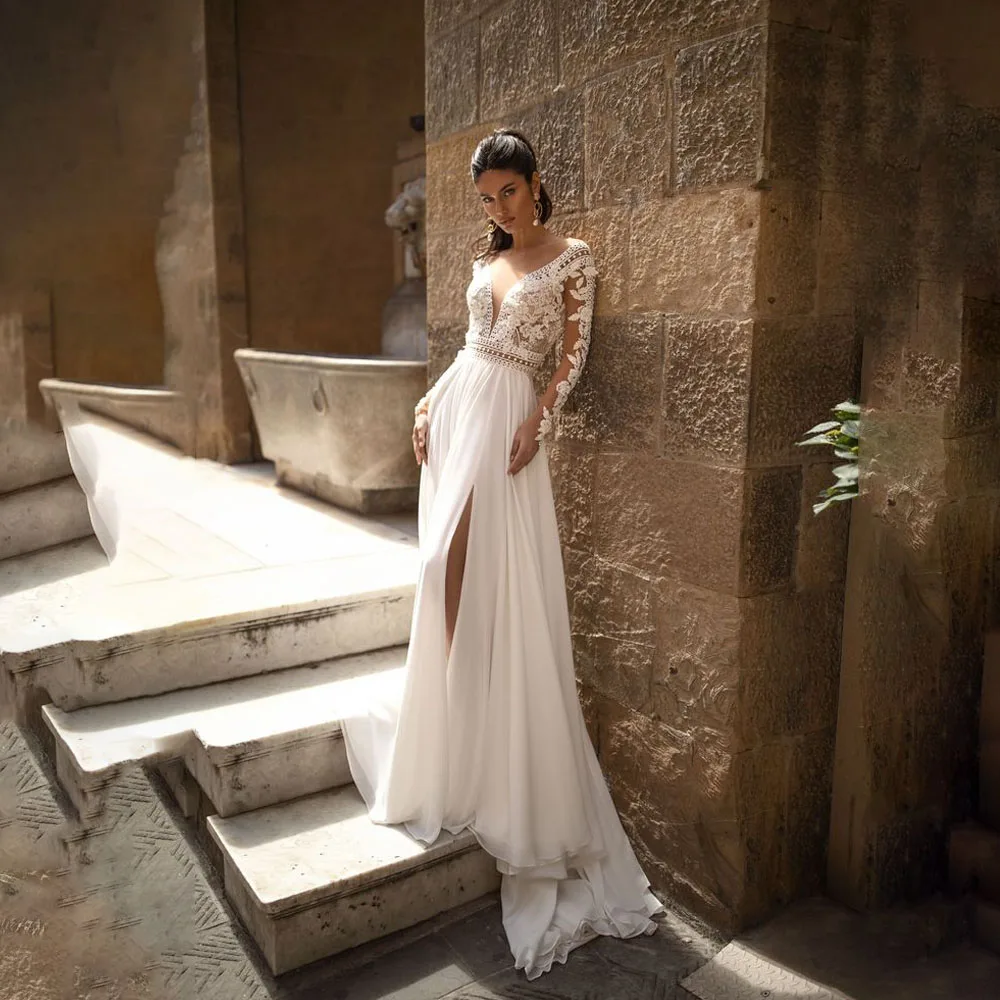 

V-neck See Through Sleeves Wedding Dresses Floral Appliques Lace Wedding Gowns Side Split A-line Bridal Gown vestido de novia