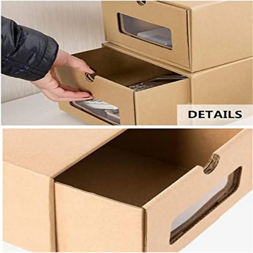 20PCS Shoe Storage Box with Transparent Window Heavy Duty Kraft Stackable Cardboard Drawer Organizer Sneaker Shoes