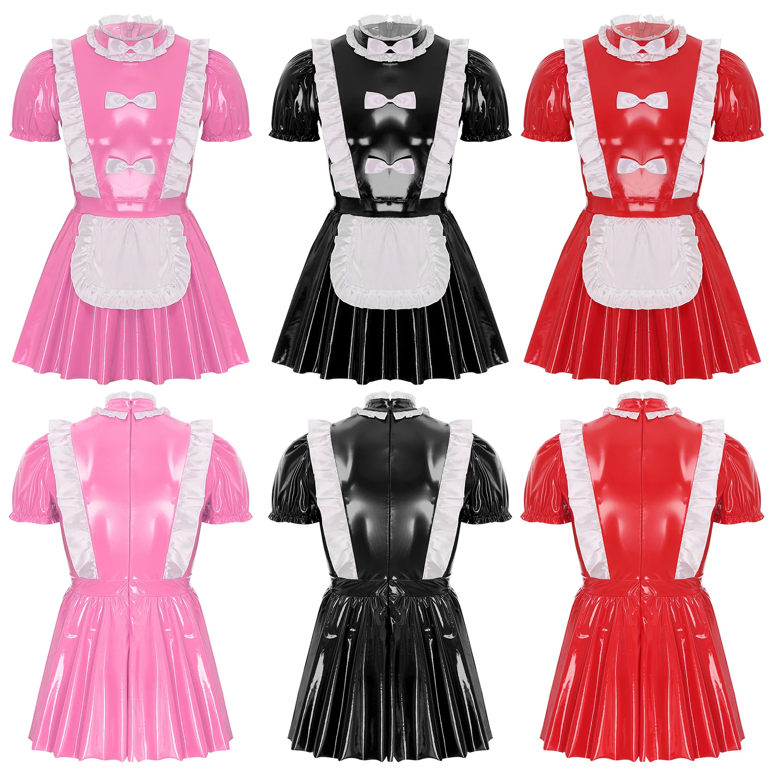 Mens Sissy Lolita Maid Cosplay Costume PVC Leather Crossdrssing Dresses with Apron Housekeeper Uniform Halloween Fancy Dress