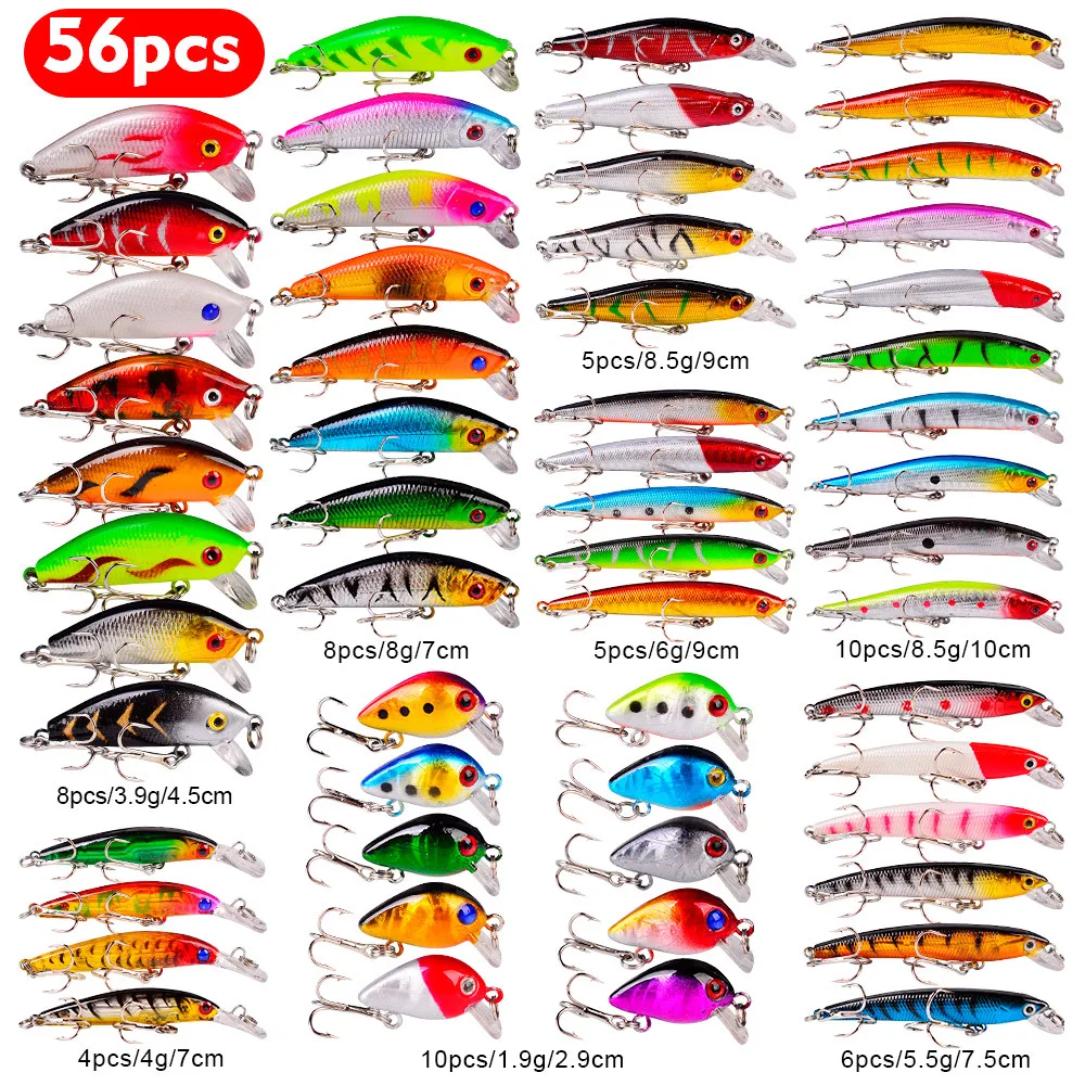 56PCS/lot Fishing Lure Set Fishing Hard Bait Mini Minnow Floating Swing Crankbait Crazy Wobblers Artificial Bionic Crank Lures