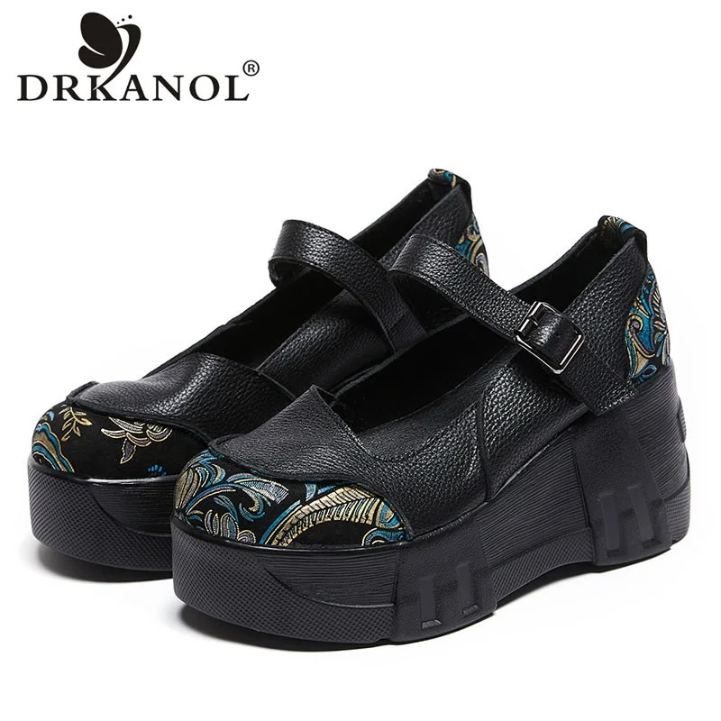 DRKANOL National Style Women Chunky Platform Casual Shoes Spring Printing Genuine Leather Buckle Strap Wedges Heel Women Shoes