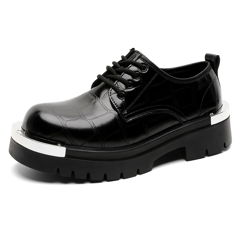 Retro Brown Checkered Derby Shoes Man Platform Leather Casual Shoes For Men Big Size 46 Metal Business Mens Shoes zapatos hombre