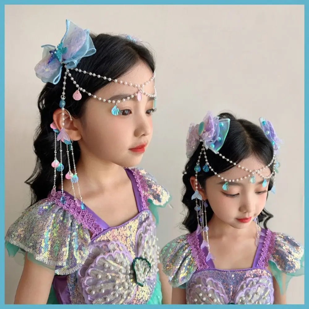 High Quality Cute Hair Clip Mermaid Pearl Sweet Bow Accessories Fairy Creative Tassel Forehead Chain for Children