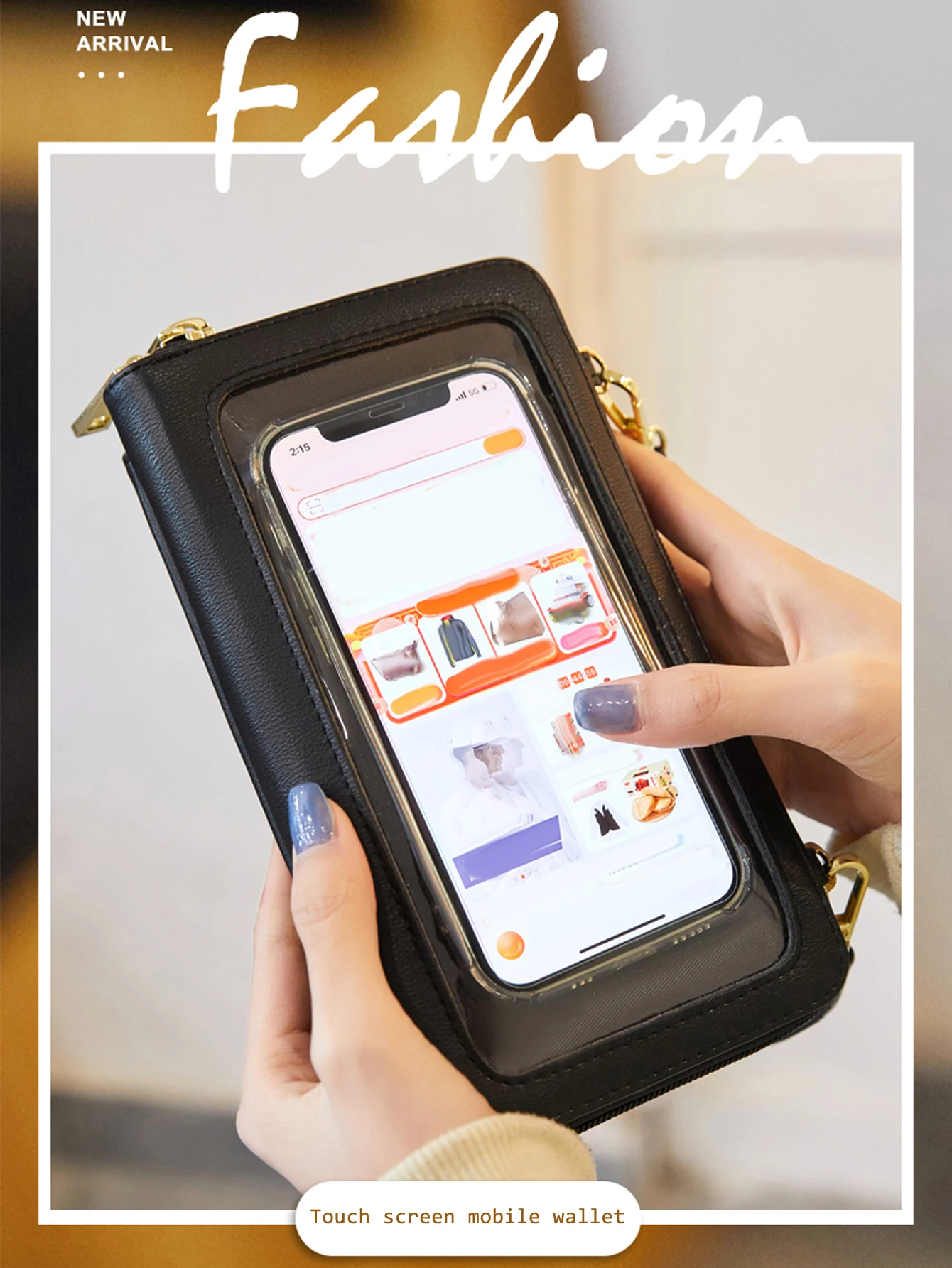 Modische mobile Touchscreen-Geldbörse für Damen – stilvolles, einfarbiges Flip-Design mit sicherem Reißverschluss, verstellbarem Schultergurt – Detail 1