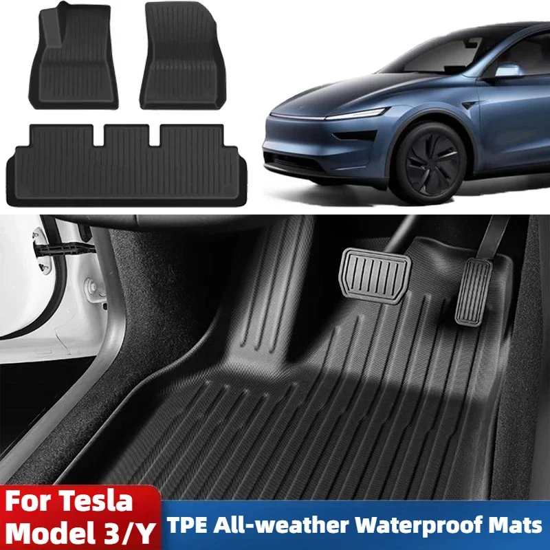 TPE Allwetter-wasserdichte Matten für Tesla Model 3 2021–2025, Highland Y 2021–2025, Wacholder, linke und rechte Fußmatten, Kofferraumverkleidung