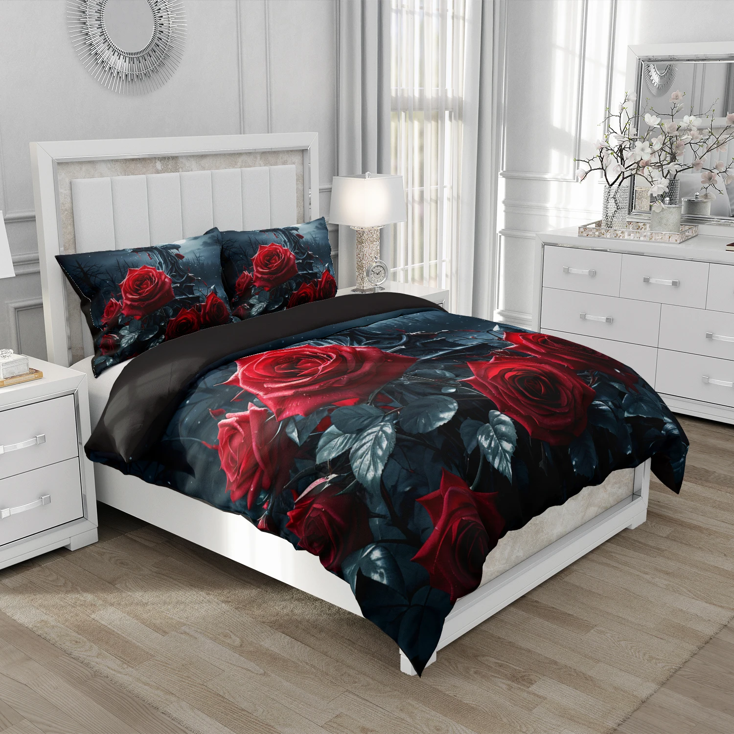 Red Roses Duvet Cover Set Queen Size King Full 3D Bedding Sets Cross Cemetery Halloween Quilt/Comforter Cover sets Linens Bed