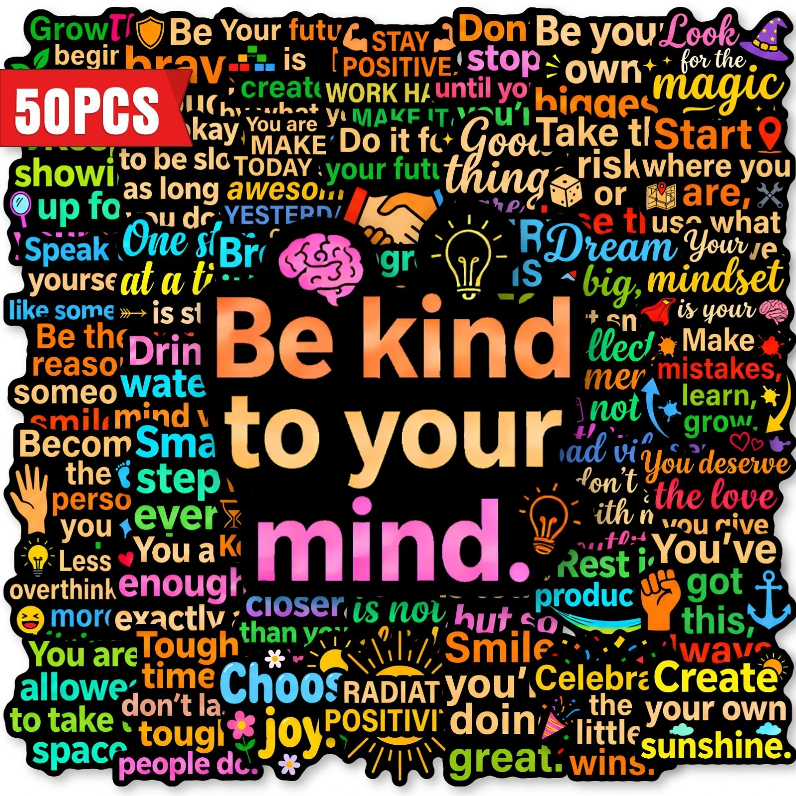 50pcs Colorful Motivational Quote Stickers Positive Energy Text Waterproof for Journal Water Bottle Luggage Decoration