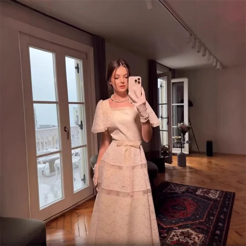 

Saudi Arabia Beige Women Prom Dress Square Neck Short Sleeve Bow Belt Elegant Wedding Party Gown Formal Evening Birthday Robe