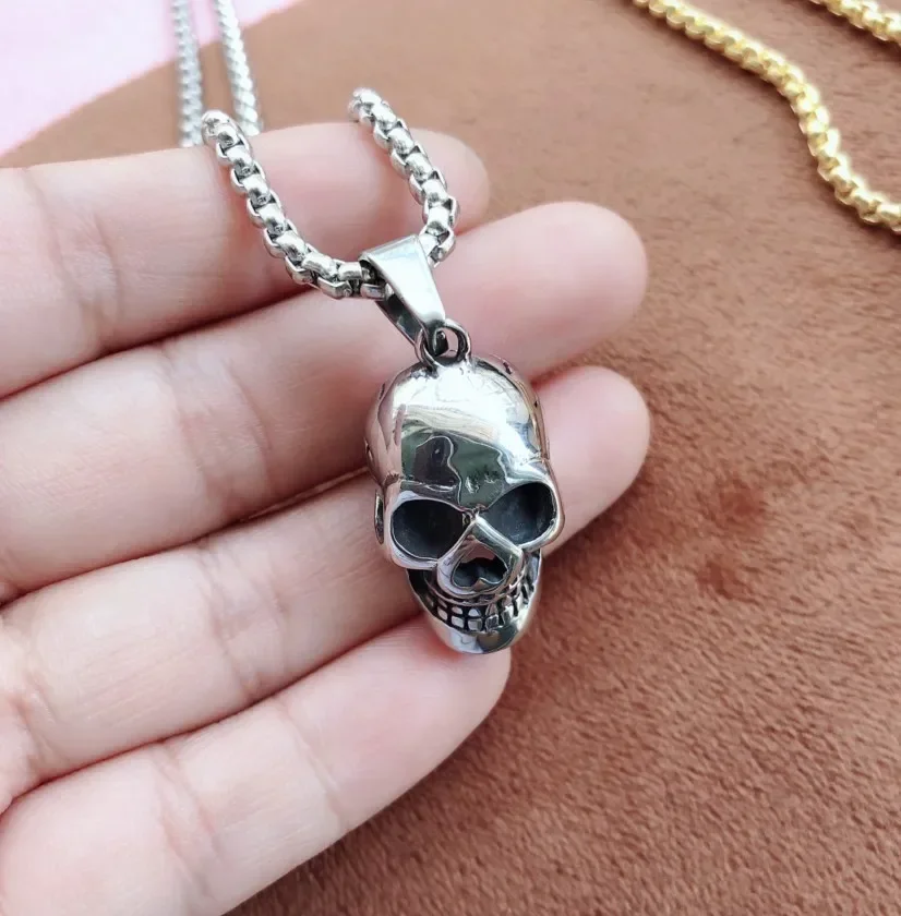 Fashion Punk Skull Pendant Men\'s Necklace Gold Black Silver Color Chain Link 20Inch Necklaces Cool Male Jewelry