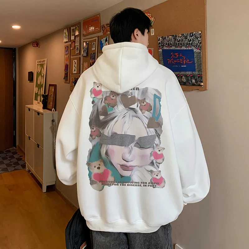 

High Street Printed Sweater Heavy Hoodie Trendy Men's 2024 Autumn and Winter American Retro Velvet Jacket Couple