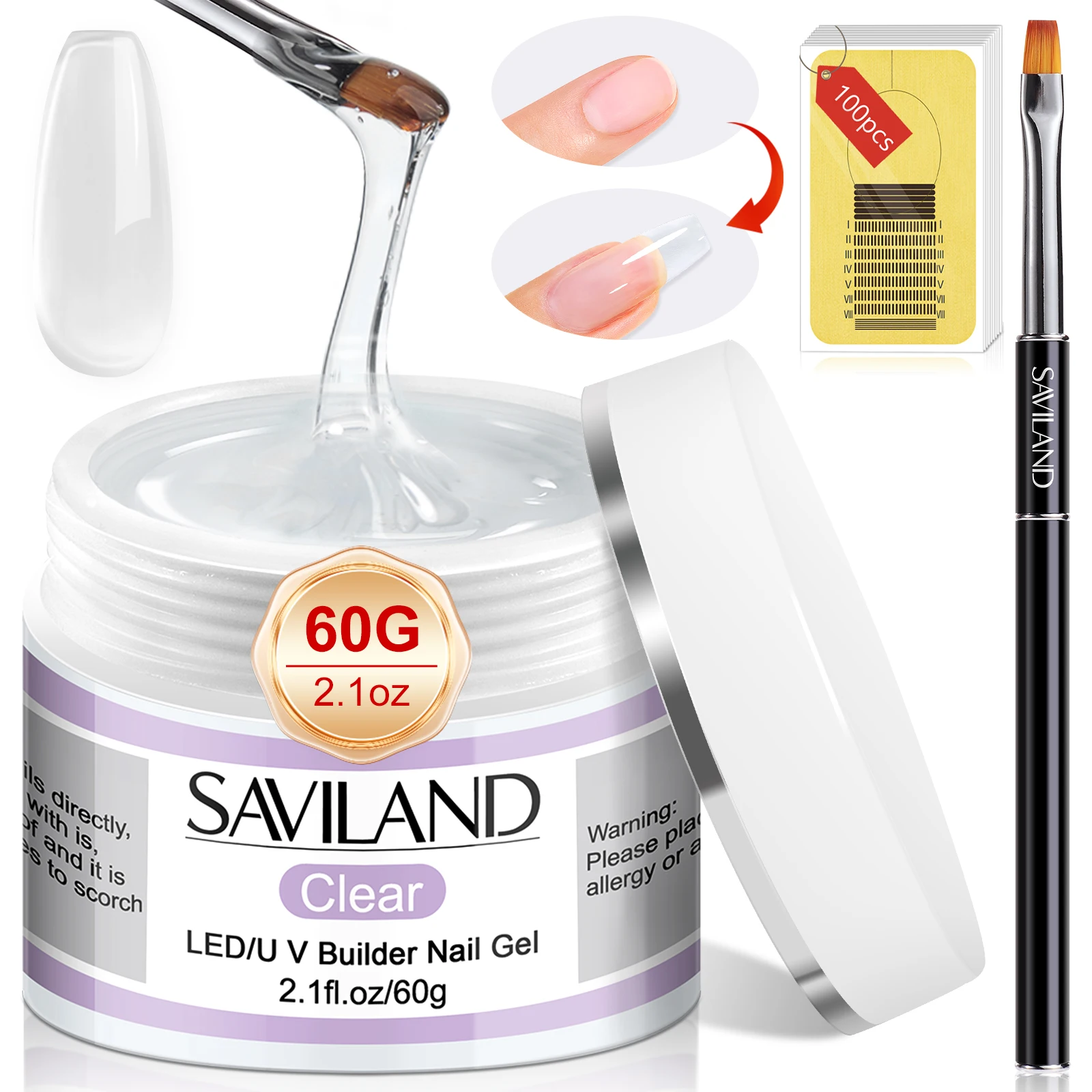 SAVILAND ビルダーネイルジェルキット 60g クリアネイルエクステンションセット 100枚のネイルフォームとネイルブラシ付き 初心者向けネイル強化剤