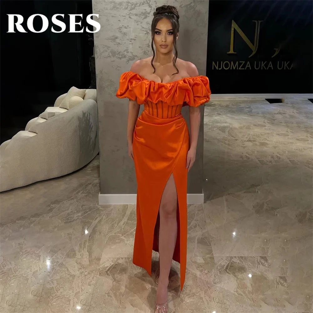 ROSES Simple Orange Party Dress Off The Shoulder Short Sleeves Mermaid 프롬드레스 Wrap Hips Prom Dress Sweep Train Evening Dresses