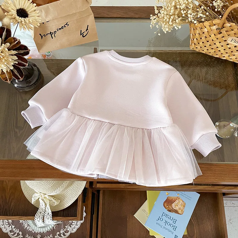 Spot GoodsQY259740Girls' Sweater2025خريف جديد رقبة مستديرة كارتونية شبكية مرقعة مبطنة بالصوف