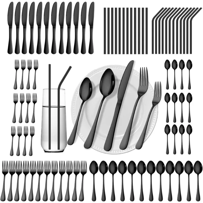 

84 Pieces Black Silverware Set Service for 12 Flatware Set with Straws Stainless Steel Utensils Cutlery Set Dishwasher Safe