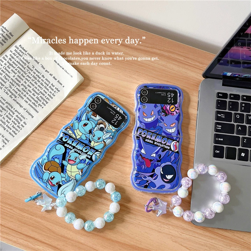 Cute Japan Anime Pocket Monsters Pokémon Gengar Squirtle Phone Case For Samsung Galaxy Z Flip 7 6 5 4 3 Hard Cover With Lanyard