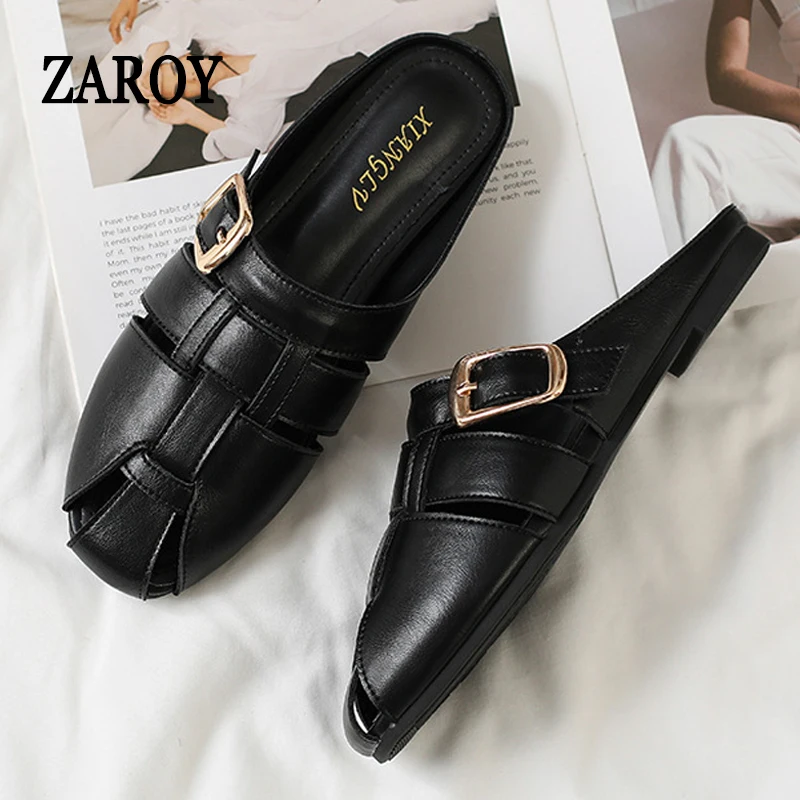 

ZAROY Women Sandals Spring Leather Mules Summer Roman Slippers Fashion Buckle Woven Casual Big Size Pantuflas сандали т