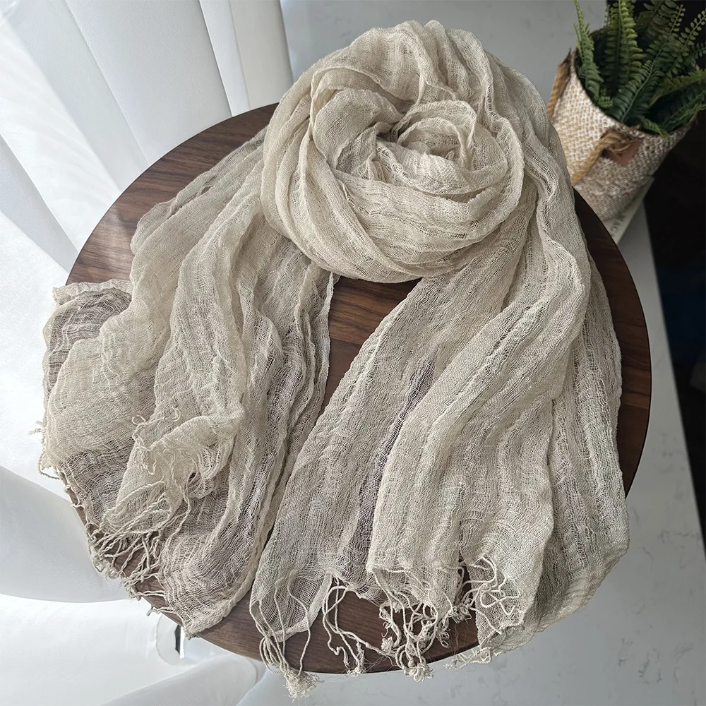 Simple Cotton Linen Tassel Scarf French Casual Fashion Elegant Solid Color Soft Breathable Summer Women's Sunscreen Shawl