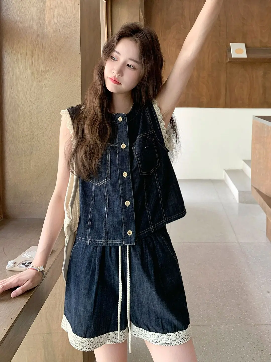 Korean Style Retro Lace Trim Denim Vest High Waist Shorts Set Women's Summer New Small Size Two Piece Set Fashionable Outfit
