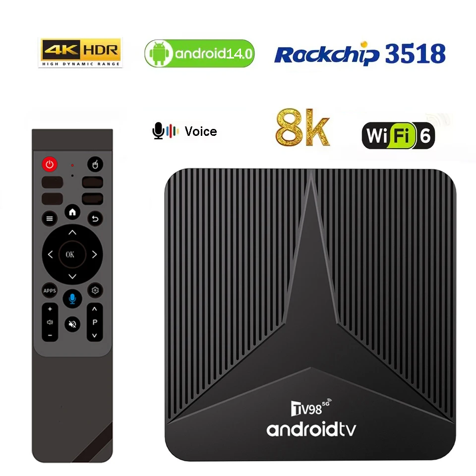 ТВ-приставка TV98 ATV RK3518 Smart 5G 4G Dual WiFi 8GB 128GB BT5.0 Android 14 с голосовым пультом, поддержка потокового вещания 8K 4K Ultra HD, IPTV.
