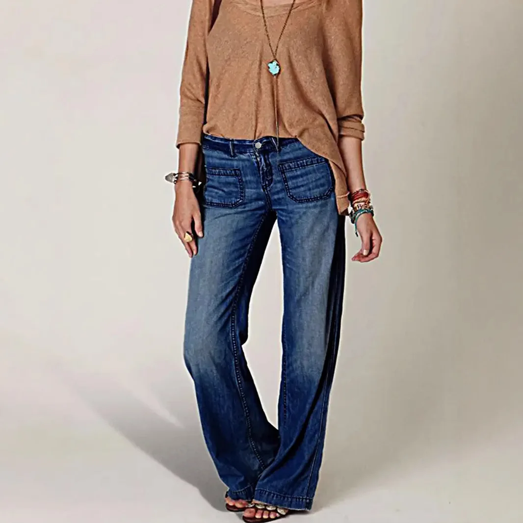 

Женские джинсы, однотонные прямые брюки, джинсовые джинсы со сращенными карманами, свободная уличная одежда с высокой талией и застежкой-молнией, новинка 2025 года, потертая