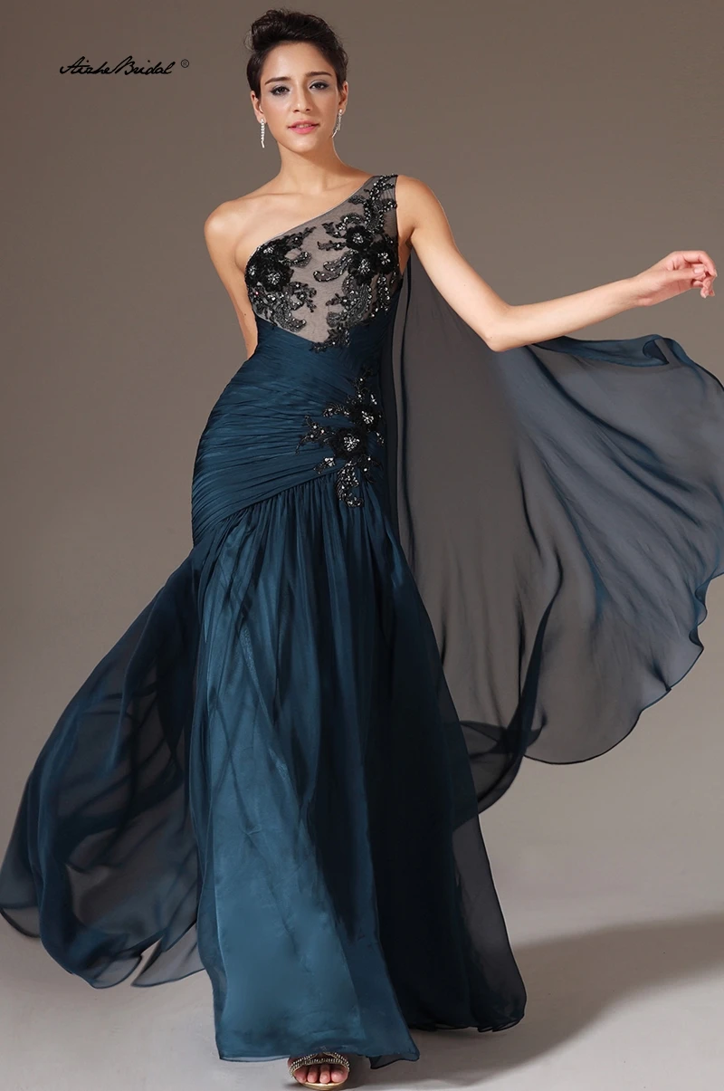 ワンショルダー マーメイド イブニング ドレス ブラック ビーズ レース ロング フォーマル イブニング パーティー ドレス