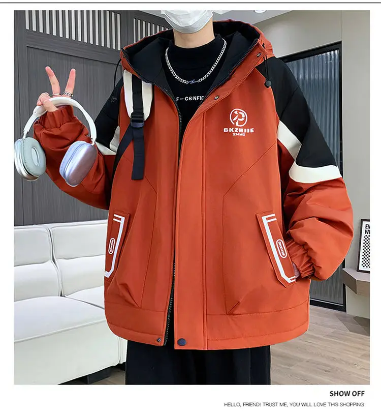 Modische Jugendliche Jacken mit Kapuze, verdicktem und plüschigem Futter, Herbst/Winter 2026, warme Fleece-Mäntel für Herren, Streetwear, winddichte Parkas – Detail 12
