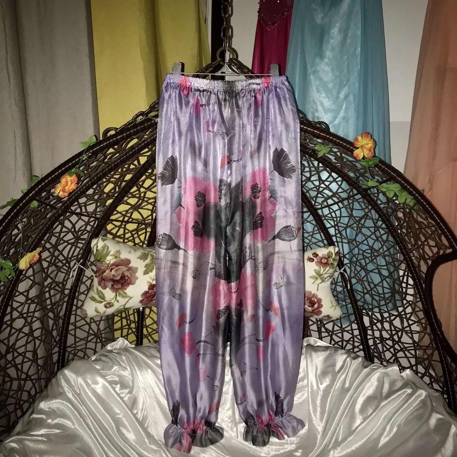 

Unisex Glossy satin silk pajamas pants Summer plus size sleeping bottoms lantern trousers
