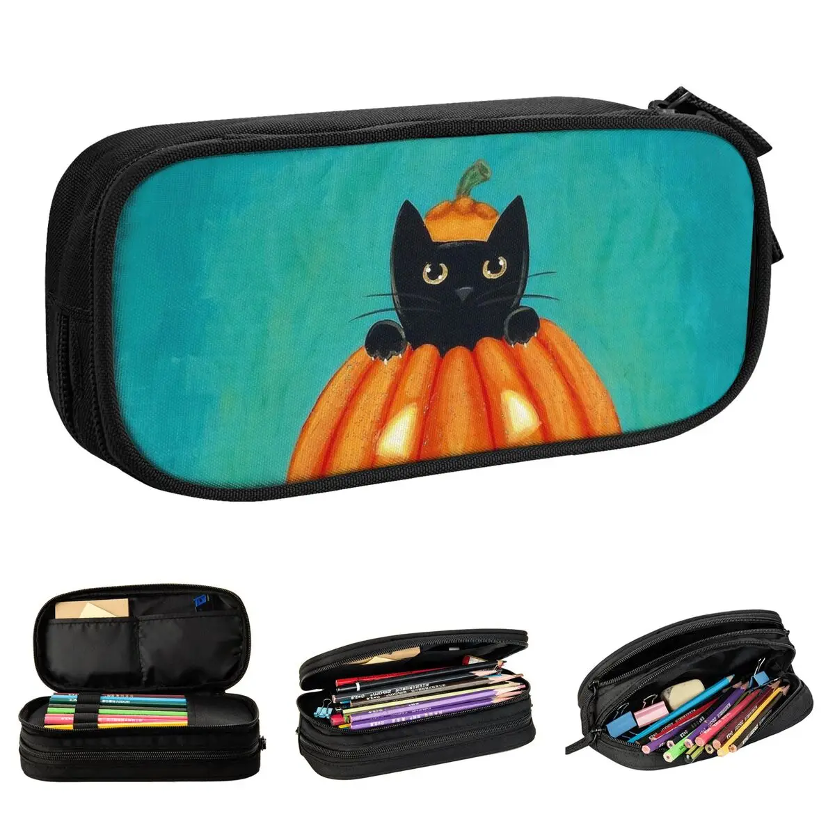 Classic Pumpkin Cat Pencil Cases para Crianças, Cute Hollow Pencil Box, Sacos Grandes, Papelaria Escolar, Presente para Estudantes, Peek A Boo