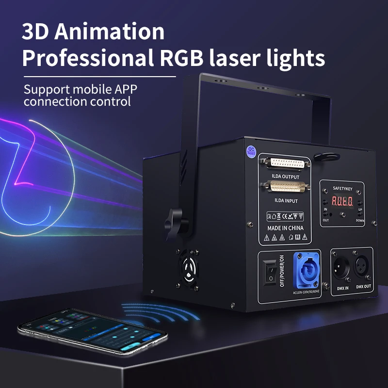 Professioneller RGB Vollfarbiger Laser 3W 5W 30Kpps Scanner ILDA DMX 3D Animation Laser-Projektor für DJ Disco Club Hochzeit