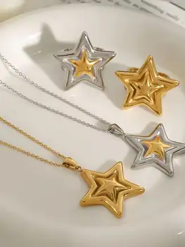 Yori 時尚不鏽鋼五角星幾何戒指項鍊,防過敏,簡約 18K 鍍金 PVD 首飾,精美禮品 6 最佳銷售 金塊首飾 - №4