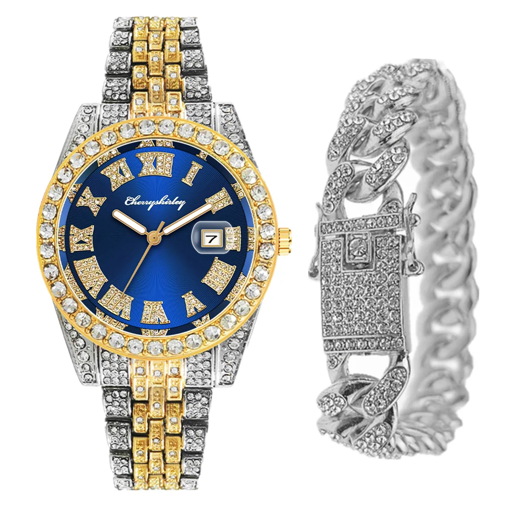 2pcs Full Iced Out Watches Mens Bracelet Bling Luxury Watch Blue Jewelry for Men Gold Watch HipHop Jewelry Men Watch Set Clocks