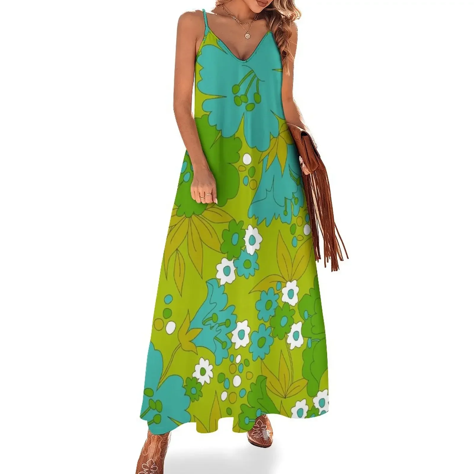 

Green, Turquoise, and White Retro Flower Pattern Sleeveless Dress womans clothing summer dress women 2024 Dress