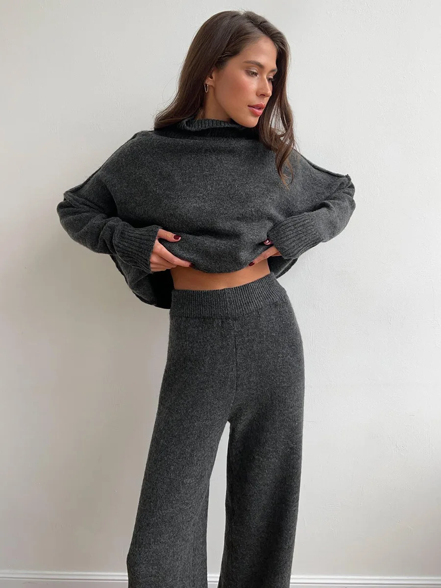 Autumn Winter Casual Knit Sweater Two-Piece Set Woman Loose Fashion Turtleneck Long Sleeve Pullover Sweater Straight Pants Suit