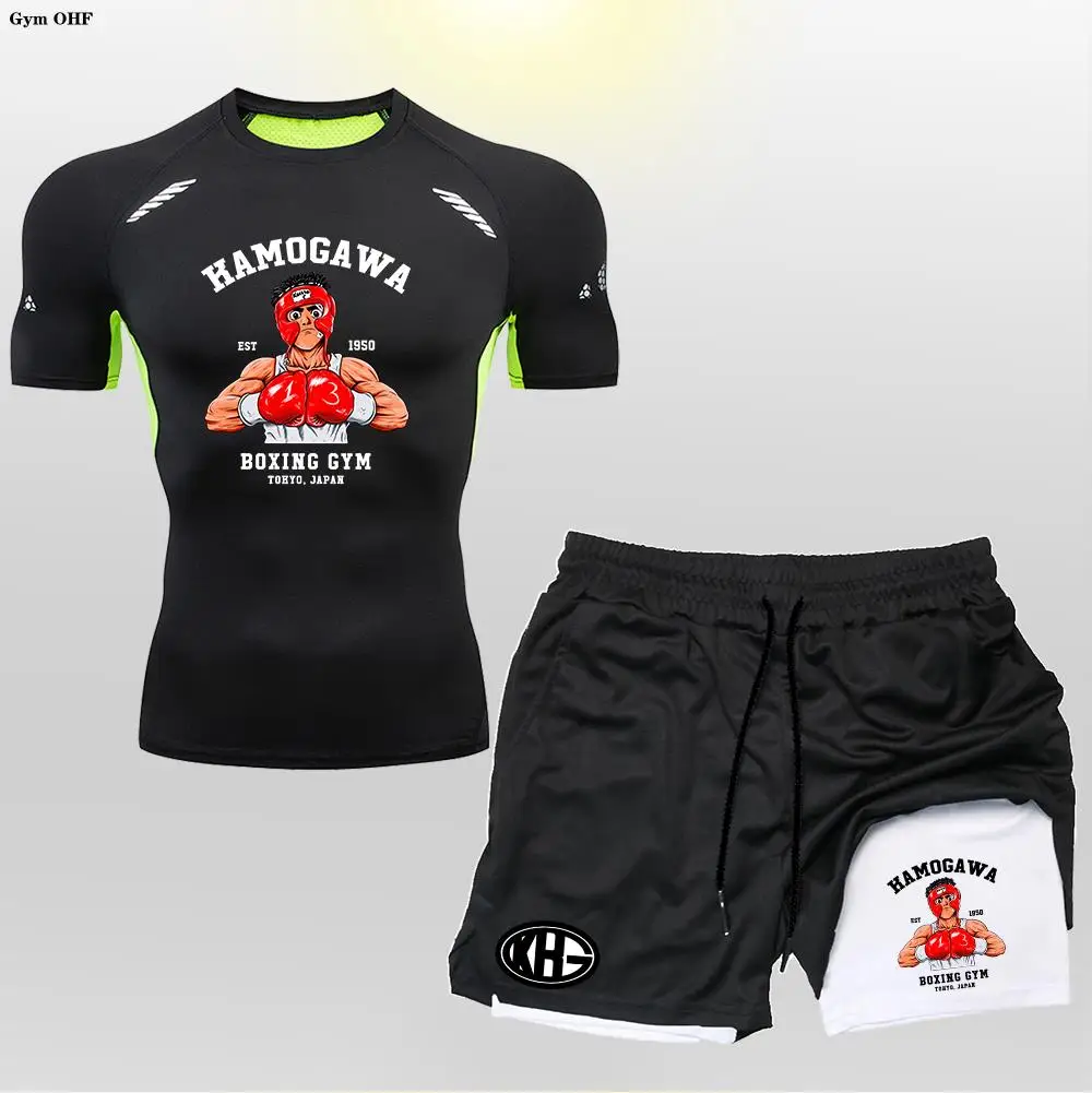 Anime 2 in 1 Shorts Men Sport Suit Rashguard Running T Shirt Boxing Gym Sets Training Muay Thai Doubie Deck MMA Fightwear