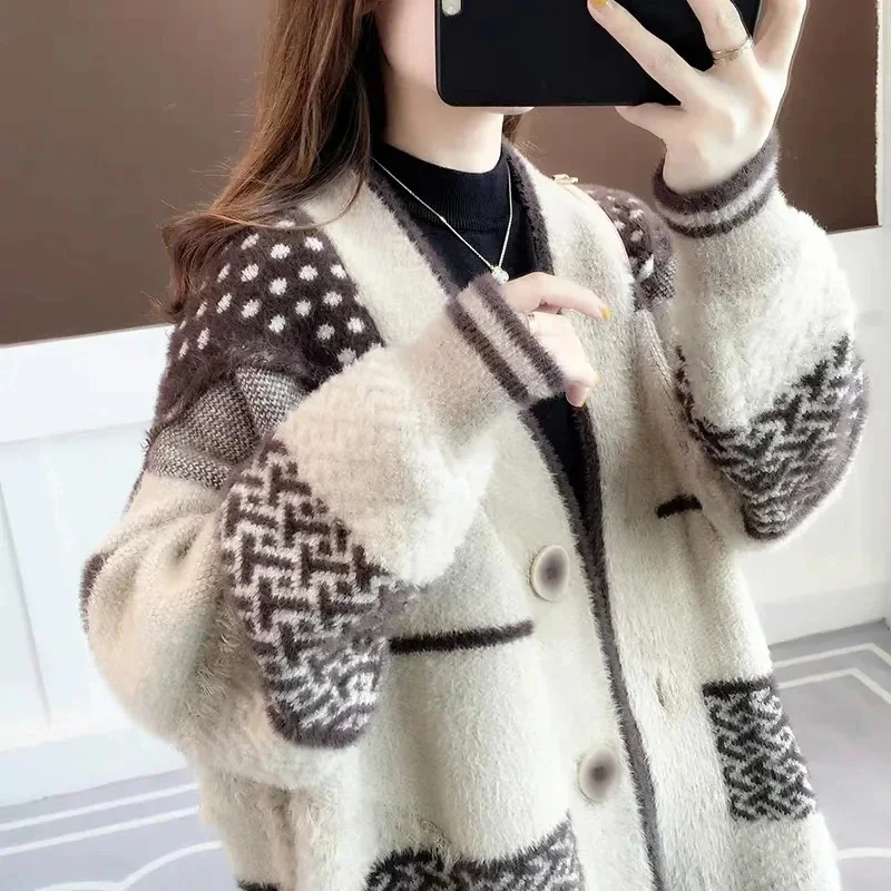 Mink Velvet Knitted Cardigan Jacket Women's 2024 New Loose Ladies Sweater Outerwear Spring and Autumn All-Match Button Jacket