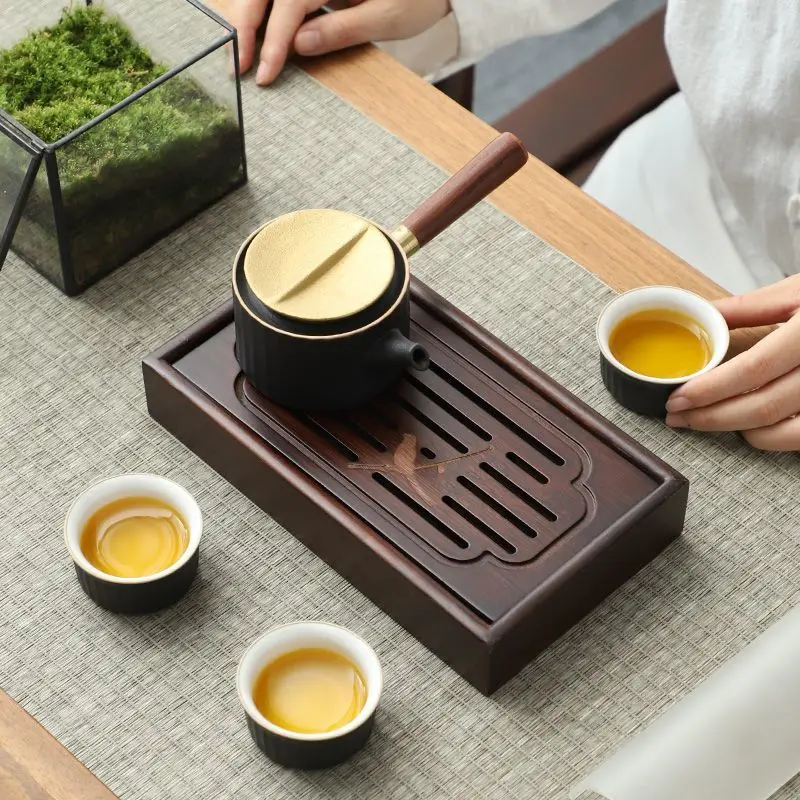 Japanese Portable Tea Serving Tray Travel Zen Mini Bamboo Tea Tray Wooden Small-scale Drainage Outdoors Exquisite Board Set