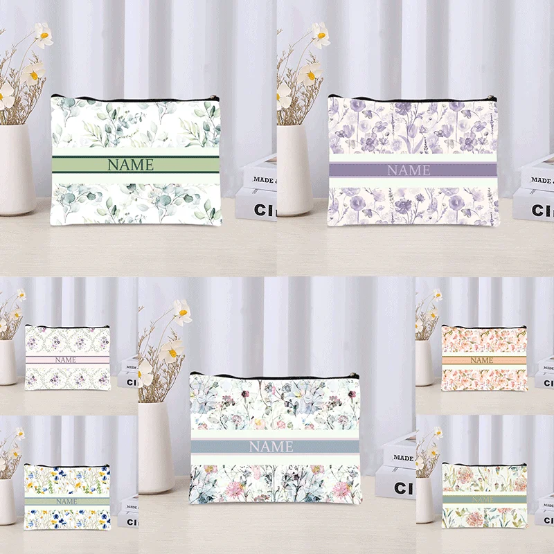 Light Floral Makeup Bag Custom Name Cosmetic Case for Women Travel Necessity Lipstick Storage Trendy Luxury Canvas Bags Clutch