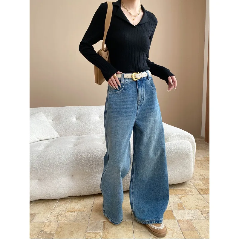 Women Solid Jeans Denim Wide Leg Pants Full Lenth High Waist Zipper Straight Loose Fit Y2k Streetwear Casual 2025 Spring Autumn