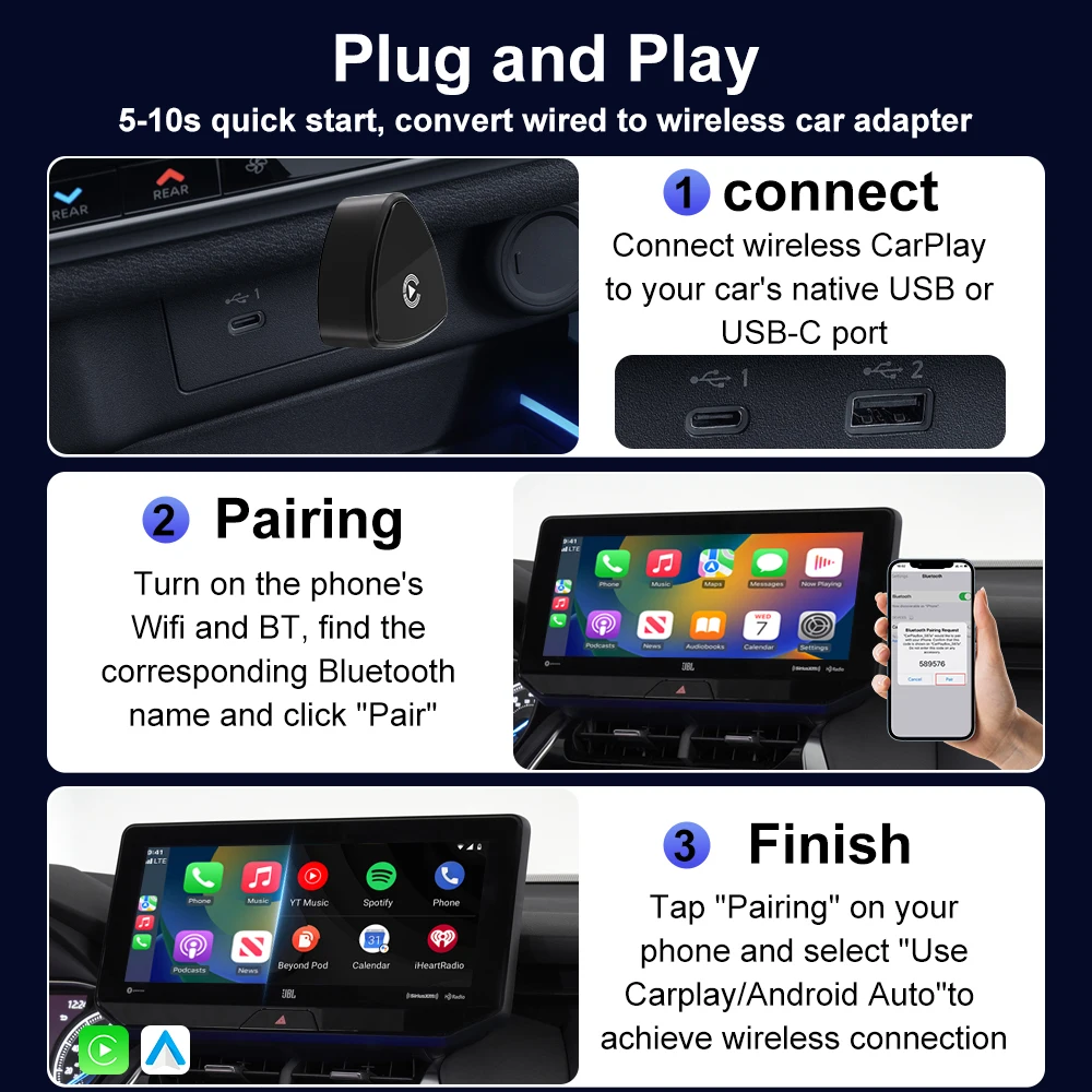 2in1 Wireless CarPlay/Android Auto Adapter Plug and Play for VW Toyota Nissan Ford Benz Wired To Wireless for Factory Wired Cars