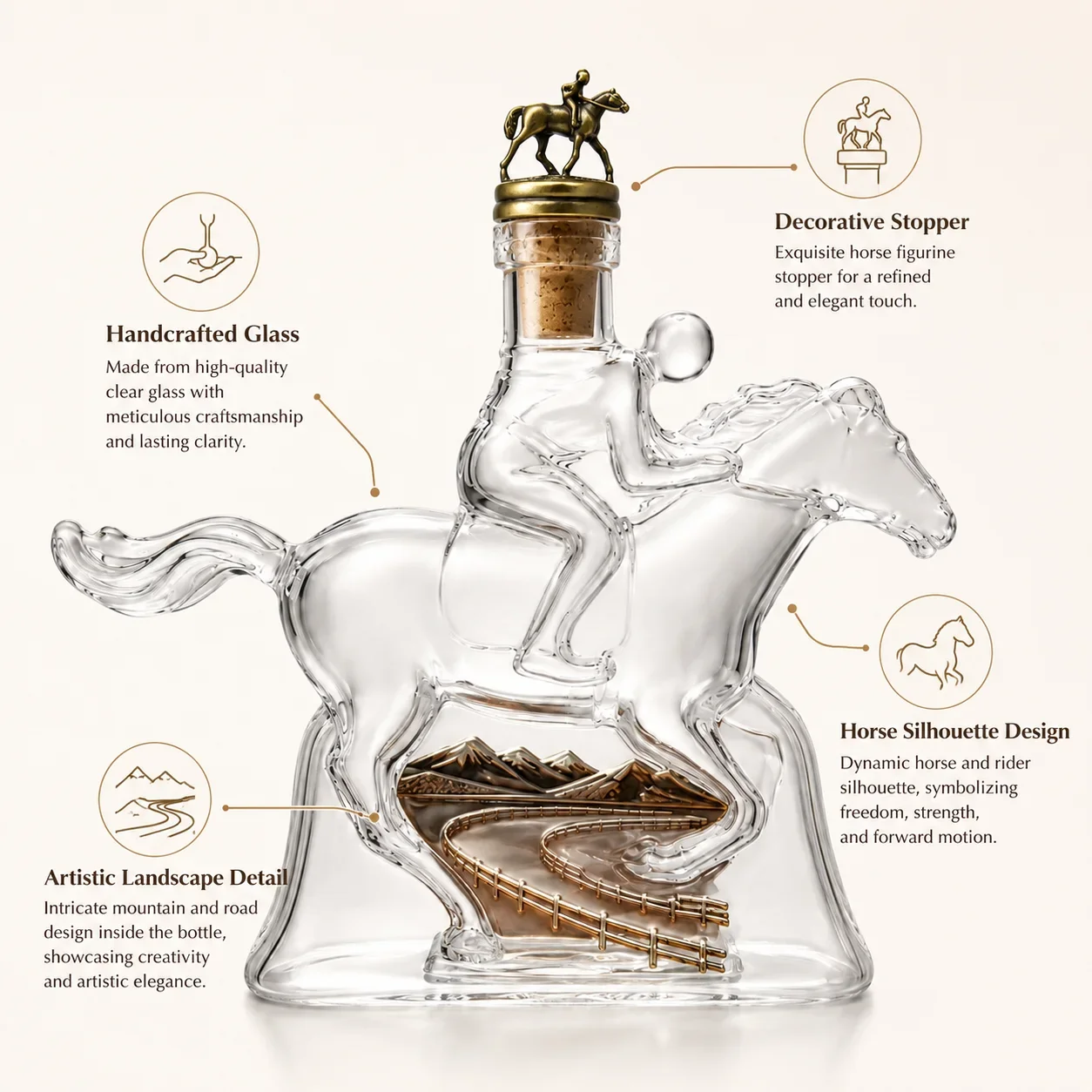 Bronze Horse Rider Equestrian Galloping Horse Jockey Shaped Crystal Decanter Vintage Racetrack Embossed Liquor Bottle Bar Gift
