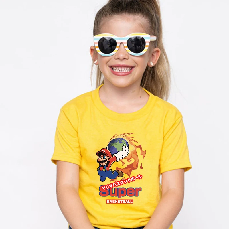 

Mario printed kids T-shirt summer children's cotton short sleeve suitable for boys and girls yellow casual tops