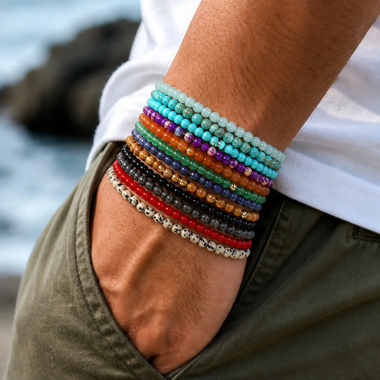 12pcs Natural Inspired Round Bead Strand Bracelet in Marbled and Solid Color Styles with Golden Center Accent Unisex